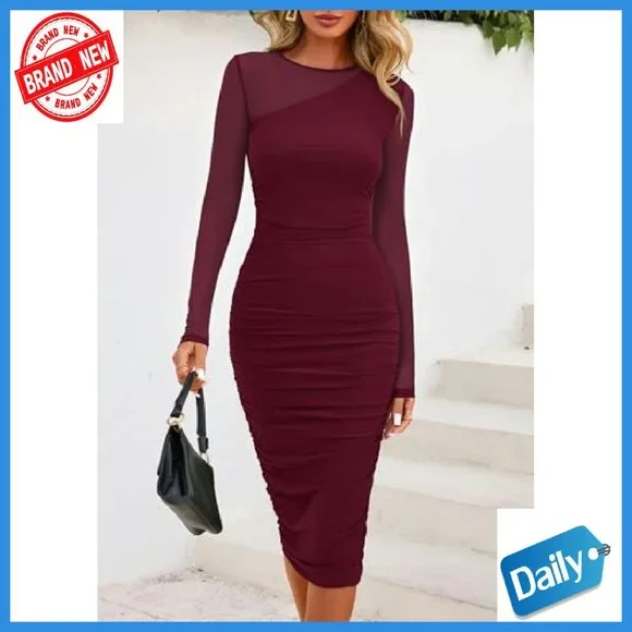 Long Sleeve Mesh Bodycon Dress Mock Neck Ruched Cocktail Party - Picture 5 of 8